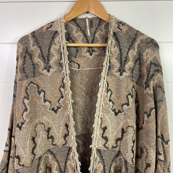 Free People Open Front Boho Cardigan Sweater Tan Black sz M - Picture 2 of 6